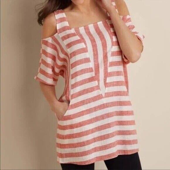 Soft Surroundings Blouse Womens Medium Sunset Striped Cold Shoulder Linen Blend - Picture 1 of 6